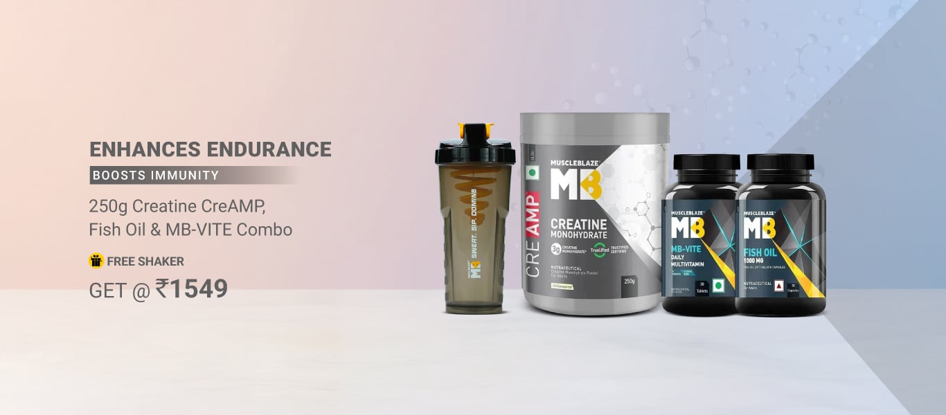 MuscleBlaze Creatine Monohydrate CreAMP 0.55 lb & Fish Oil & MB-VITE 30 Tabs Combo @ 1549 + Free Shaker