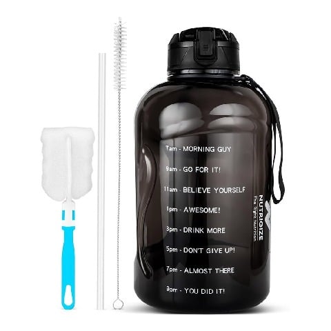 1 - GHC Nutrigize Motivational Gallon Water Bottle, Black with Straw and Cleaning Brush 2.2 L