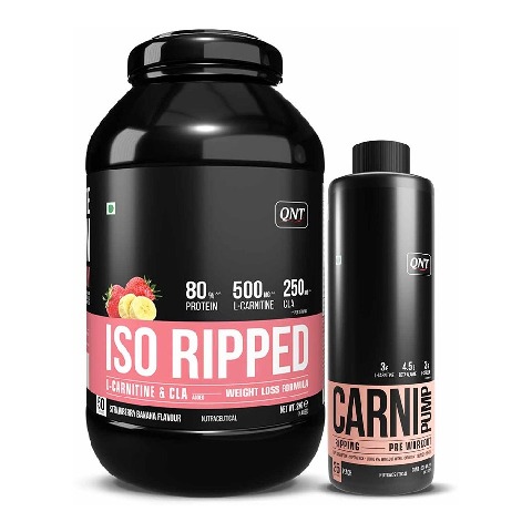 QNT ISO Ripped & Carnipump Ripping Pre-workout 500ml Peach Combo, 4.4 lb Strawberry Banana
