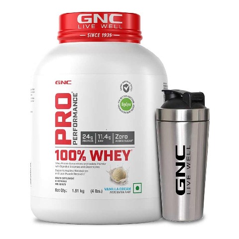 1 - GNC Pro Performance 100% Whey Protein, 4 lb Vanilla Cream with Steel Shaker 750ml Combo
