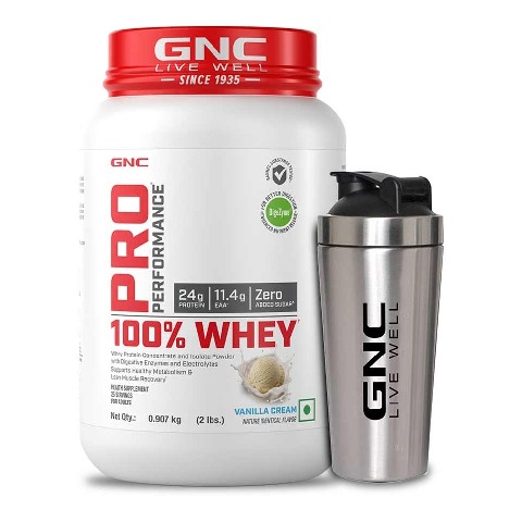 1 - GNC Pro Performance 100% Whey Protein, 2 lb Vanilla Cream with Steel Shaker 750ml Combo