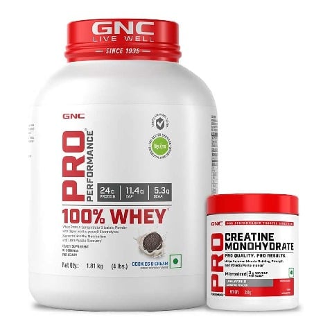 1 - GNC Pro Performance 100% Whey 4 lb & Creatine Monohydrate 0.55 lb Combo, 2 Piece(s)/Pack Cookie & Cream & Unflavoured