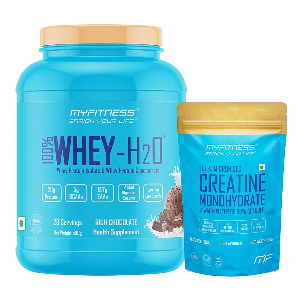 Myfitness By Paradise 100% WHEY-H2O 1.1 lb Rich Chocolate & Creatine Monohydrate Combo, 0.26 lb Unflavoured (with Free Shaker & Wristband)-image-11