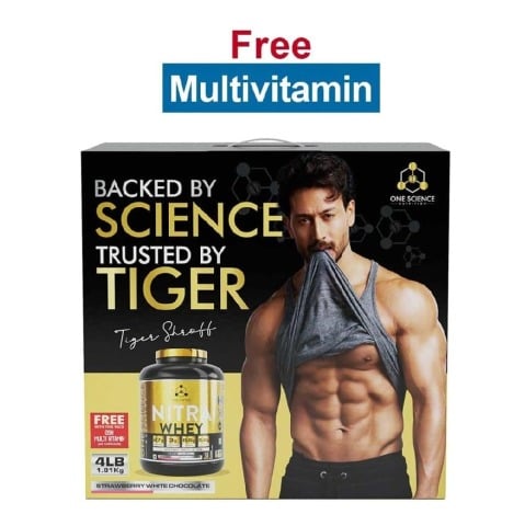One Science Nitra Whey Tiger Combo Pack, 4 lb Strawberry White Chocolate with Daily Multivitamin 60 Capsules