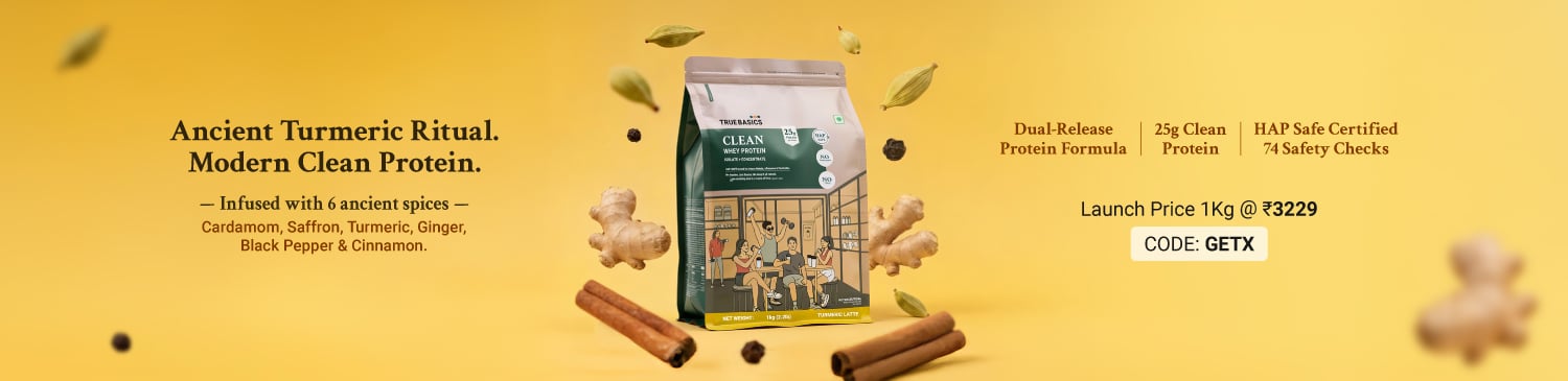 TrueBasics Clean Whey Protein (Isolate + Concentrate), 1 kg (2.2 lb), Turmeric Latte | Launch - 3229 | GETX