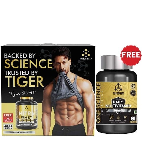 One Science Nitra Whey Tiger Combo Pack,  4 lb  Creamy Vanilla with Daily Multivitamin 60 Capsules 