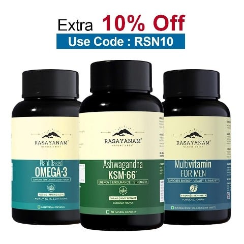 Rasayanam Plant Based Omega 3 60 Caps with Ashwagandha KSM-66 60 Caps & Multivitamin for Men Combo, 60 tablet(s)