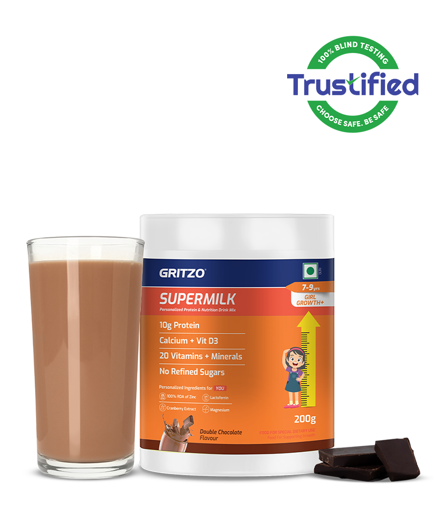Supermilk Growth+ for Girl 7 to 9 years, 200 g Double Chocolate 7-9 Yrs Girl Growth+ With Unrefined Sugar