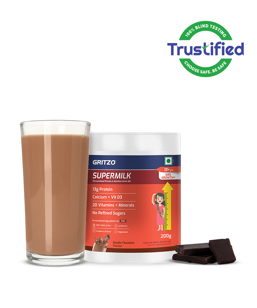 Supermilk Growth+ for Girl 13+ years, 200 g Double Chocolate 13+ Yrs Girl Growth+ With Unrefined Sugar
