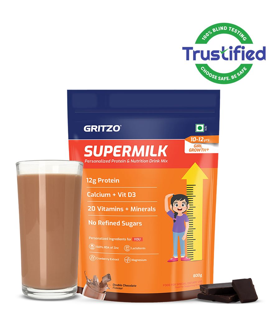 Supermilk Growth+ for Girl 10 to12 Yrs, 800 g Double Chocolate 10-12 Yrs Girl Growth+ With Unrefined Sugar