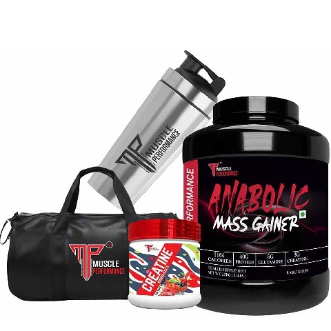 1 - Muscle Performance Anabolic Mass Gainer with Creatine Monohydrate 0.66 lbs, Steel Shaker & Gym Bag Combo,  5.5 lb  Creamy Vanilla 
