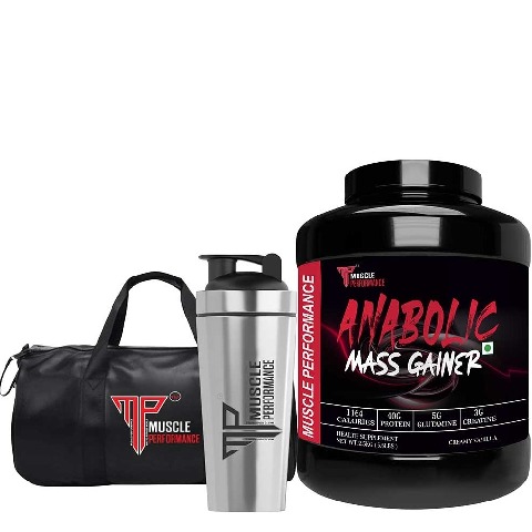 1 - Muscle Performance Anabolic Mass Gainer with Steel Shaker & Gym Bag Combo,  5.5 lb  Creamy Vanilla 