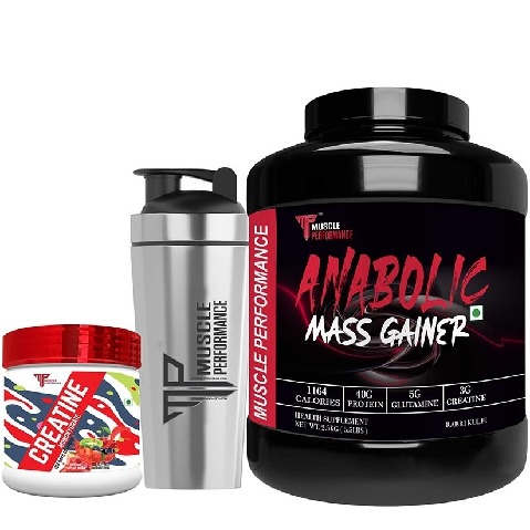 1 - Muscle Performance Anabolic Mass Gainer with Creatine Monohydrate 0.66 lbs & Steel Shaker Combo,  5.5 lb  Creamy Vanilla 