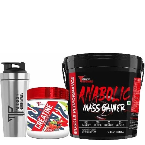 1 - Muscle Performance Anabolic Mass Gainer with Creatine Monohydrate 0.66 lbs & Steel Shaker Combo, 11 lb Rabri Kulfi
