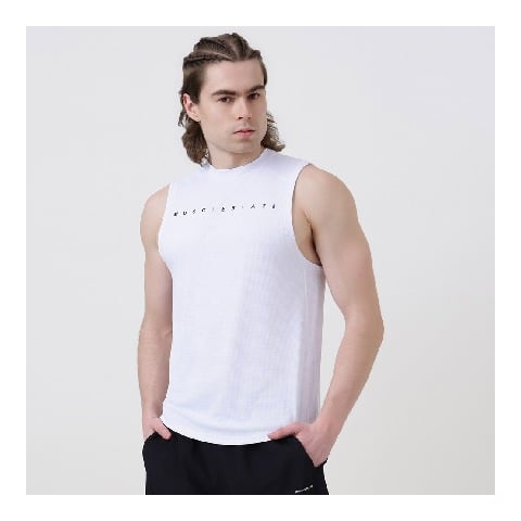 1 - MuscleBlaze Patterned Dry-Fit Delt Tank, Medium Polar White