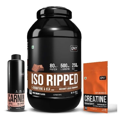 1 - QNT ISO Ripped, Carnipump Ripping Pre-workout 500ml Peach & Creatine Monohydrate Unflavoured 0.198 lb Combo,  4.4 lb  Choco Brownie 