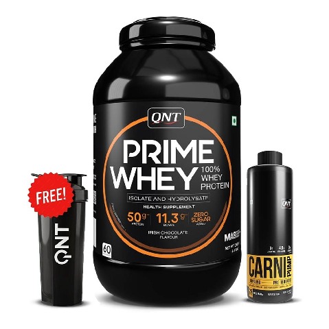 1 - QNT Prime Whey, Carnipump Ripping Pre-workout 500 ml Navel Orange & Plastic Protein Shaker Black 700ml Combo,  4.4 lb  Irish Chocolate 