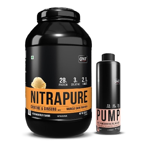 1 - QNT Nitrapure Whey Protein & Pump Extra Concentrated Liquid Pre- Workout 450 ml Peach Combo,  4.4 lb  Kesar Malai Kulfi 