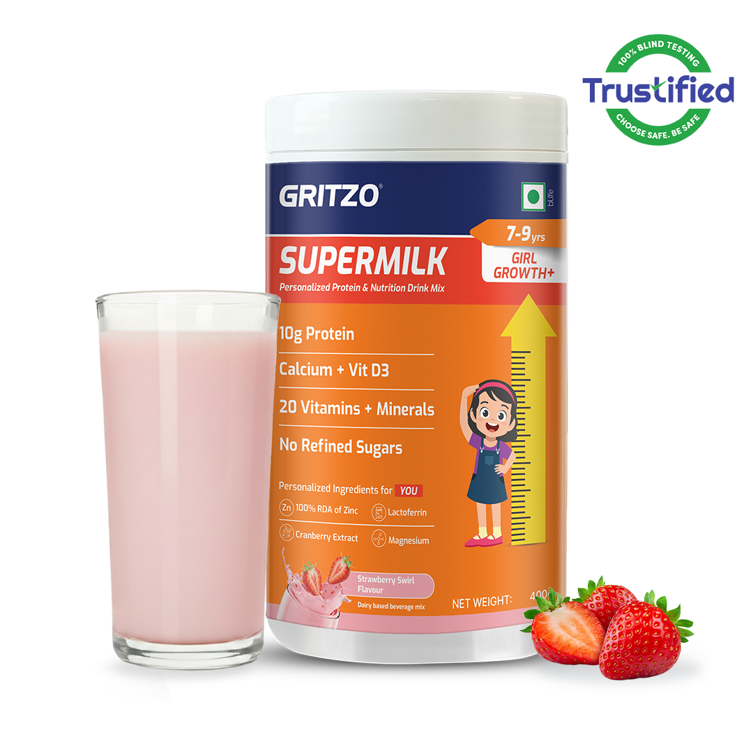 1 - Supermilk Growth+ for Girl 7 to 9 years, 400 g Strawberry 7-9 Yrs Girl Growth+ With Unrefined Sugar