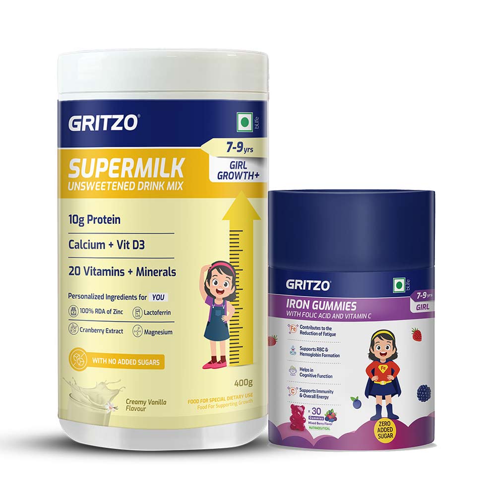 Supermilk Growth+ 400g Unsweetened Vanilla for 7 to 9 Yrs Girl & Iron Gummies Combo