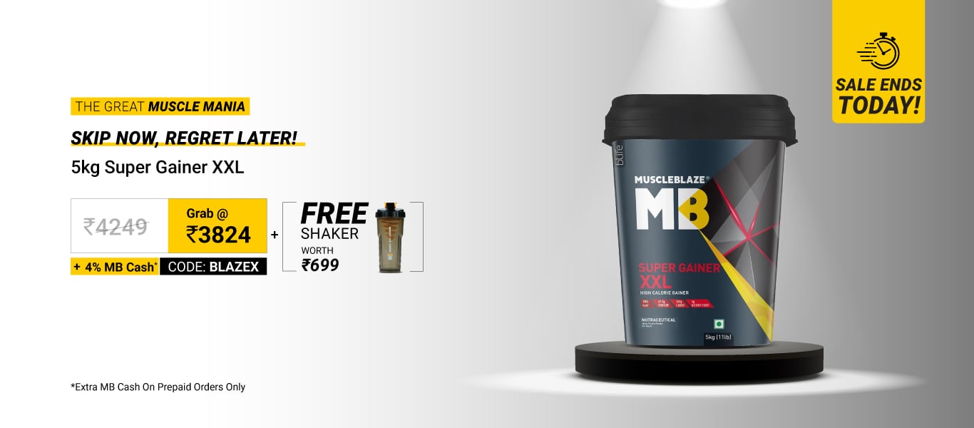 Sale Ends Today: MuscleBlaze Super Gainer XXL Weight Gainer 5 kg Chocolate @ 3824 using BLAZEX + Free SHaker + 4% MB Cash