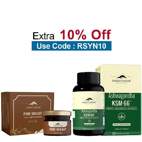 Rasayanam Ashwagandha KSM-66 60 Capsules & Pure Himalayan Shilajit Combo, 20 g