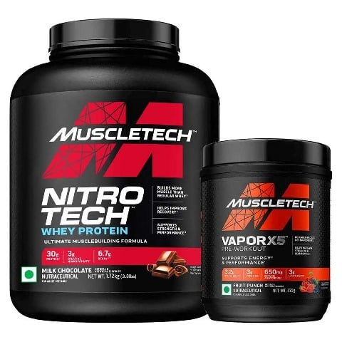 MuscleTech NitroTech Whey Protein 4 lb Milk Chocolate(India) & Vapor X5 Combo,  0.59 lb  Fruit Punch 