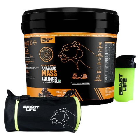 1 - BeastLife Anabolic Mass Gainer, 11 lb Belgian Chocolate, Neon Shaker & Gym Bag