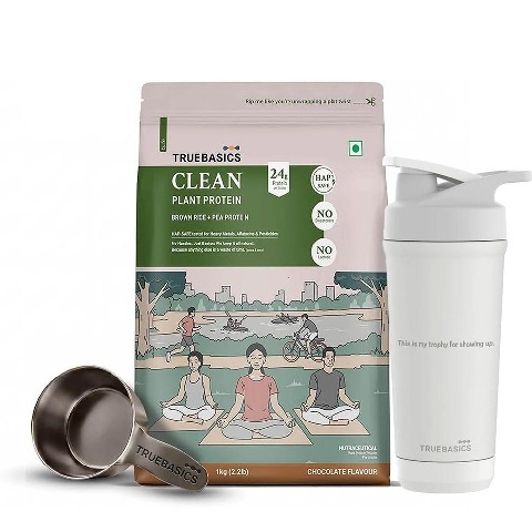 TrueBasics Clean Plant Protein 2.2 lb Chocolate & Steel Pro Shaker 700 ml Combo