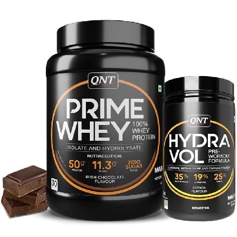 1 - QNT Prime Whey 2.2 lb Irish Chocolate with Hydra Vol Pre Workout Combo,  0.88 lb  Citron 