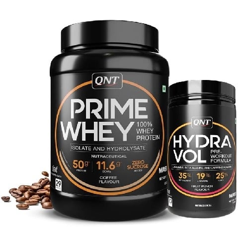 1 - QNT Prime Whey 2.2 lb Coffee with Hydra Vol Pre Workout Combo, 0.88 lb Fruit Punch