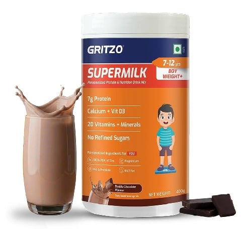 13 - Supermilk Gritzo Weight+ for Boy 7-12 Yrs Personalized Protein & Nutrition Drink Mix, 400 g Double Chocolate
