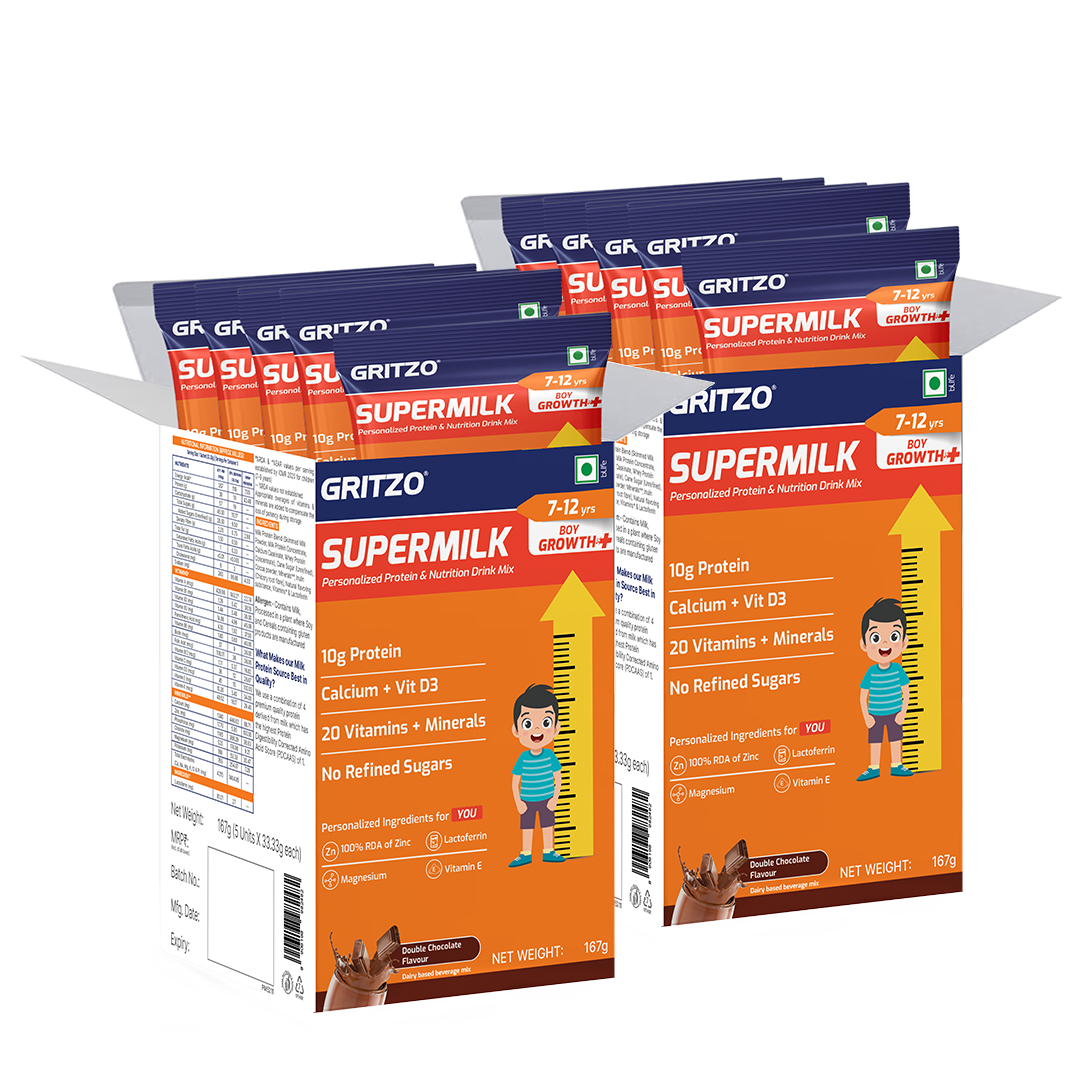 2 - Supermilk Growth+ for Boy 7 to 12 years, 333 g Double Chocolate (Pack of 10) 7-12 Yrs Boy Growth+ With Unrefined Sugar