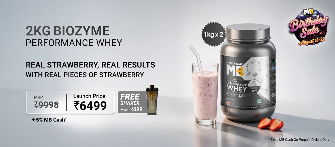 Launch: MuscleBlaze Biozyme Performance Whey, 4.4 lb Strawberry Sundae @ 6499 + Free Shaker + 5% MB Cash