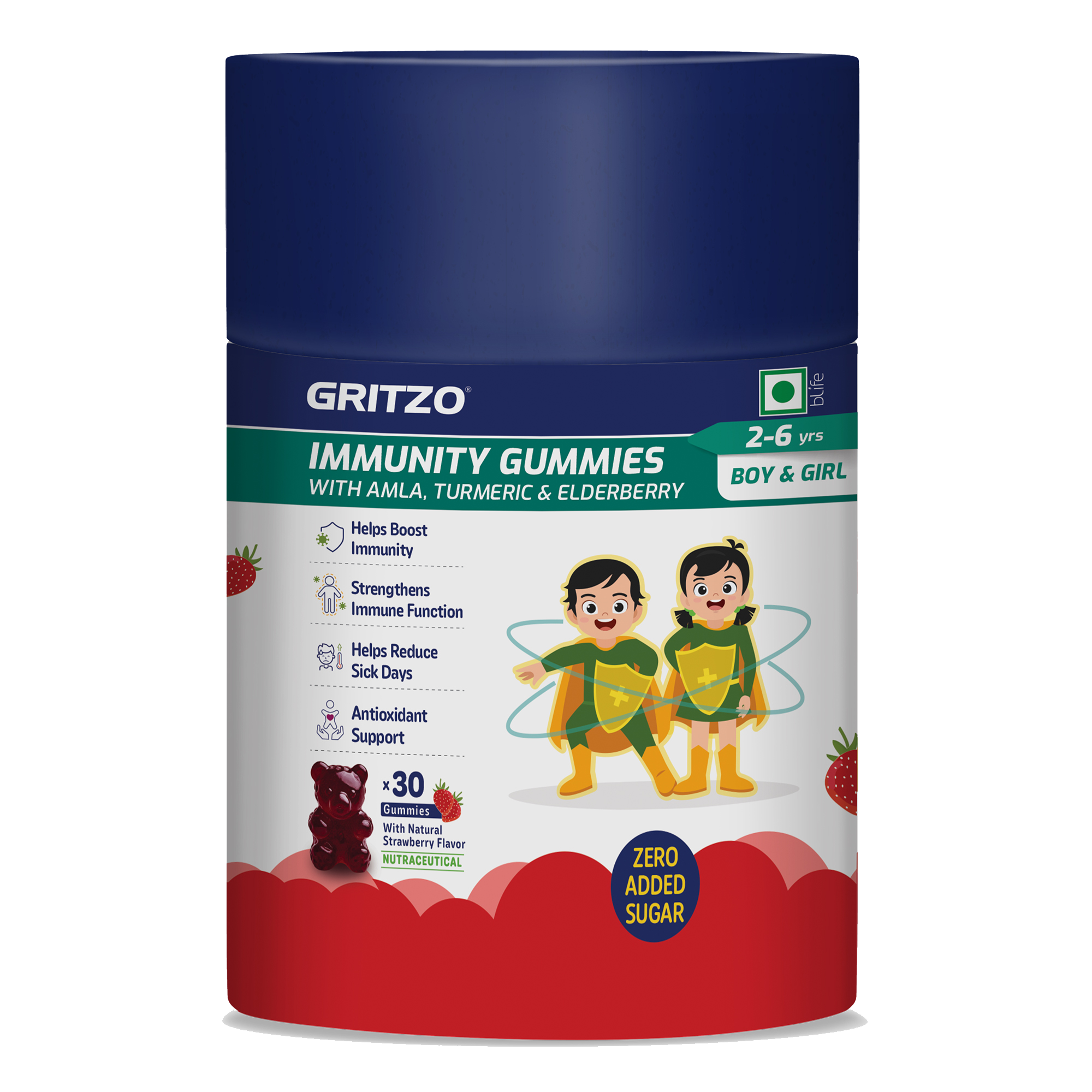 2 - Gritzo Immunity Gummies 2-6 Yrs, 30 gummies Strawberry 2-6 Yrs Multivitamin