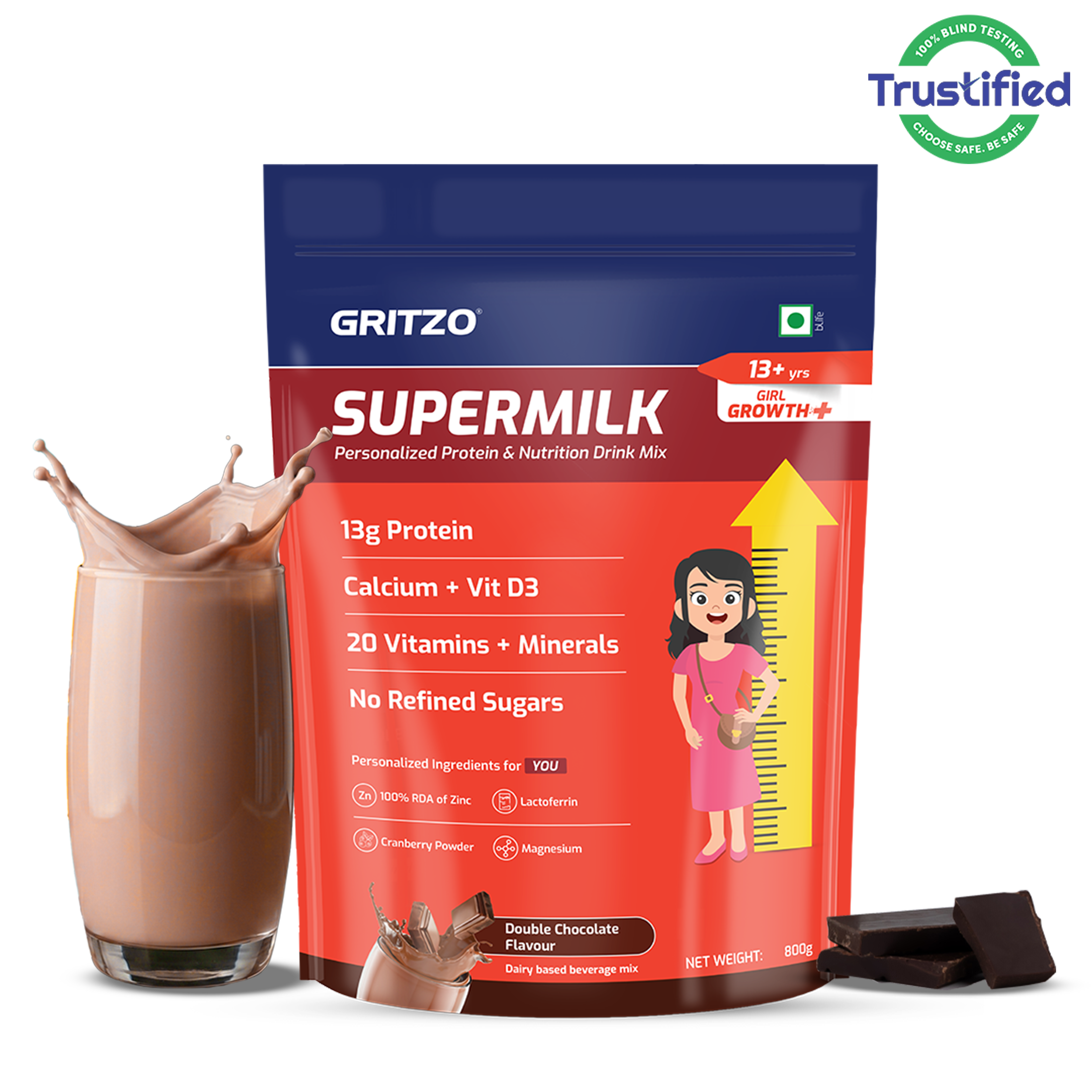 1 - Supermilk Growth+ for Girl 13+ years, 800 g Double Chocolate 13+ Yrs Girl Growth+ With Unrefined Sugar