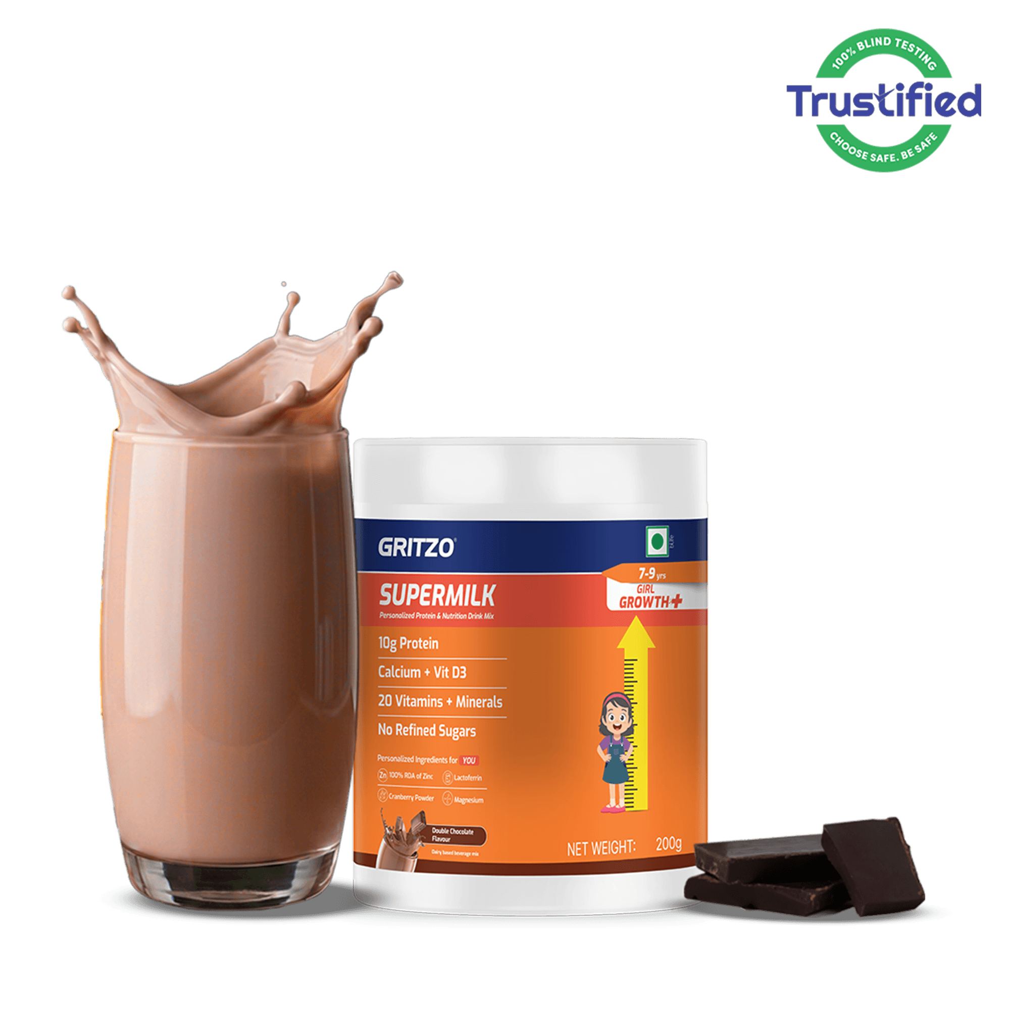 1 - Supermilk Growth+ for Girl 7 to 9 years, 200 g Double Chocolate 7-9 Yrs Girl Growth+ With Unrefined Sugar