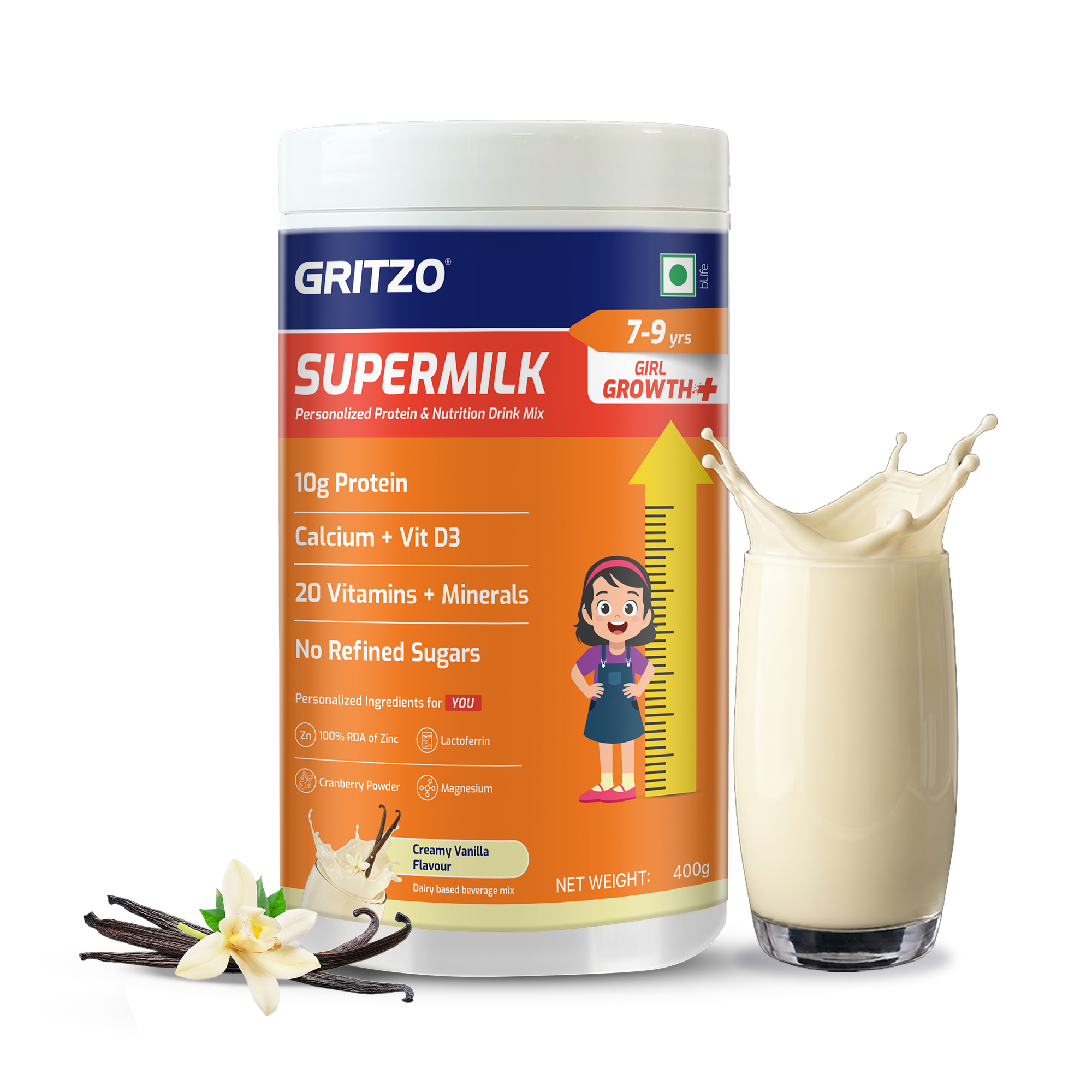 1 - Supermilk Growth+ for Girl 7 to 9 years, 400 g Creamy Vanilla 7-9 Yrs Girl Growth+ With Unrefined Sugar