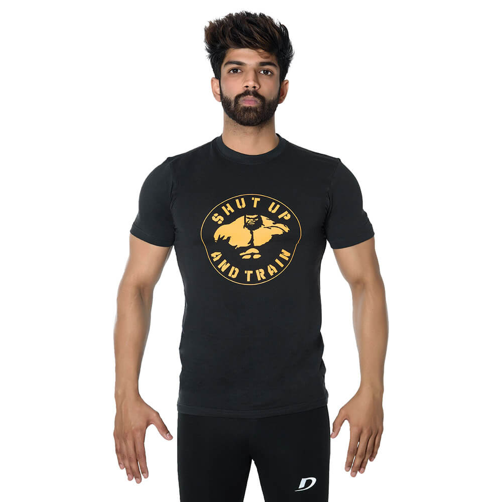 1 - DK Active Wear Half Sleeve Gym T Shirt (Hulk),  Black and Yellow  XL 