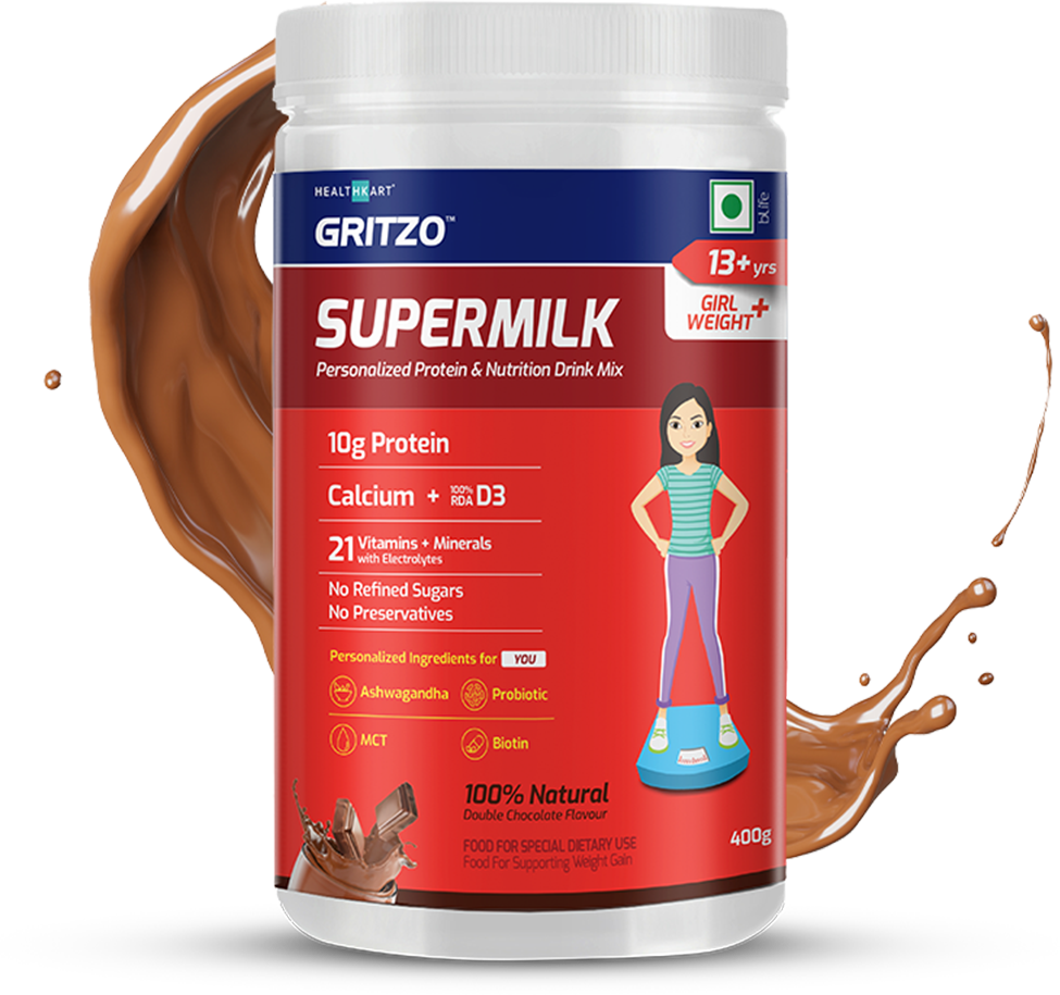 Gritzo SuperMilk Personalized Protein & Nutrition Drink Mix 13+ yrs Girls Weight+, 400 g Double Chocolate 13+ Yrs Girl Weight