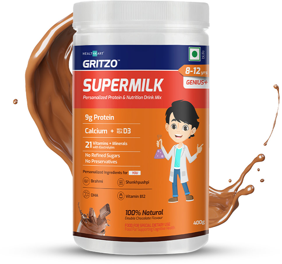 Gritzo SuperMilk Genius for 8-12 Yrs Personalized Protein & Nutrition Drink Mix,  400 g  Double Chocolate  8-12 Yrs  Boy/Girl  Memory Focus 