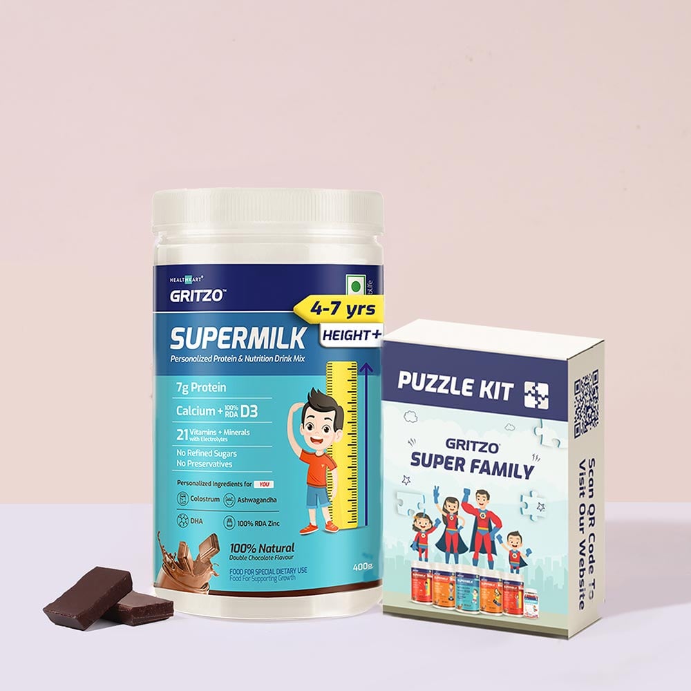 Gritzo SuperMilk Height+ for 4-7 Yrs Personalized Protein & Nutrition Drink Mix, 400 g Double Chocolate with Toy 4-7 Yrs Boy/Girl Height+