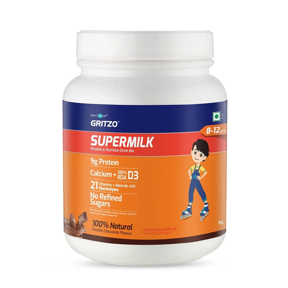 1 - Supermilk Overall Growth for 8-12 Yrs Protein & Nutrition Drink Mix Powder,  1 kg  Double Chocolate 