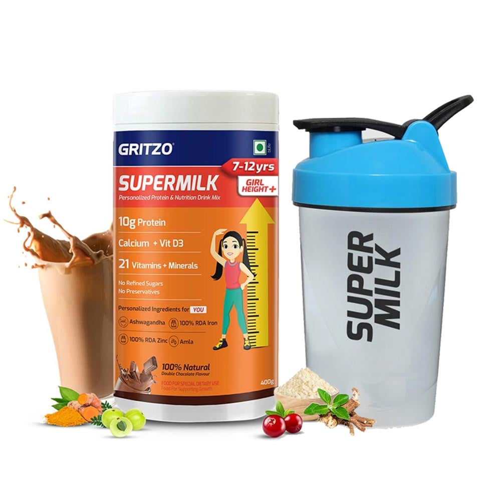 Gritzo SuperMilk Height+ for 7-12 Yrs Girls 400 g Double Chocolate & Shaker Combo