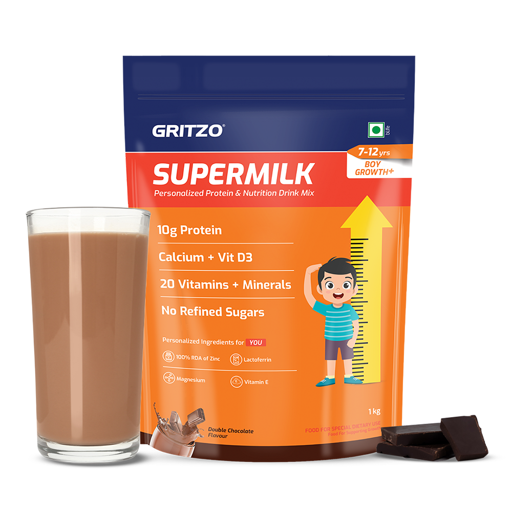 Supermilk Height+ for Boy 7 to 12 years,  1 kg  Double Chocolate  7-12 Yrs  Boy  Height+  With Unrefined Sugar 