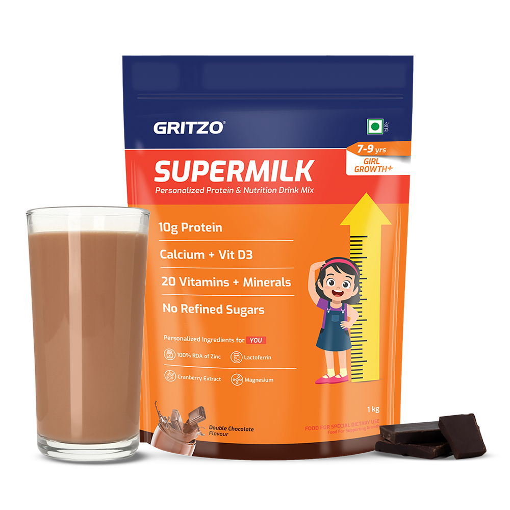 Supermilk Growth+(Formerly Height+) for Girl 7 to 9 years,  1 kg  Double Chocolate  7-9 Yrs  Girl  Growth+(Formerly Height+)  With Unrefined Sugar 