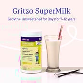 2 - Supermilk Gritzo Height+ Unsweetened for Boy 7 to 12 Years,  400 g  Creamy Vanilla