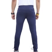 3 - Fitinc Men's Lycra Slim Fit Track Pants with 2 Side Zipper Pockets and Logo,  Navy Blue  Small 