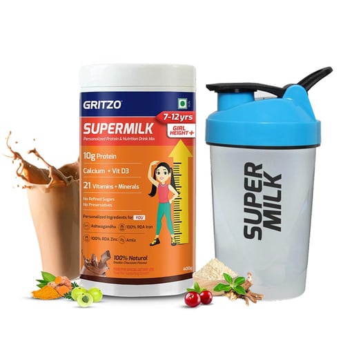 Gritzo SuperMilk Height+ for 7-12 Yrs Girls 400 g Double Chocolate & Shaker Combo