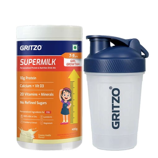 Gritzo SuperMilk Growth+ for 7 to 9 Yrs Girl 400 g Creamy Vanilla & Shaker Combo